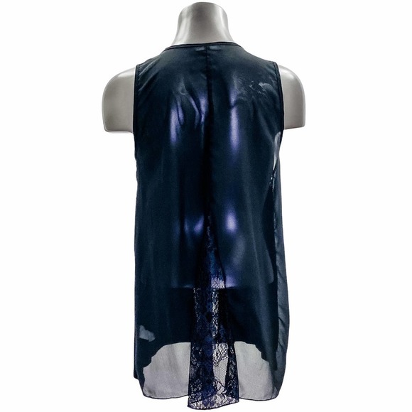 ISSI Black Sheer Mesh Lace Sleeveless High Low Tank Top Blouse - Picture 2 of 10